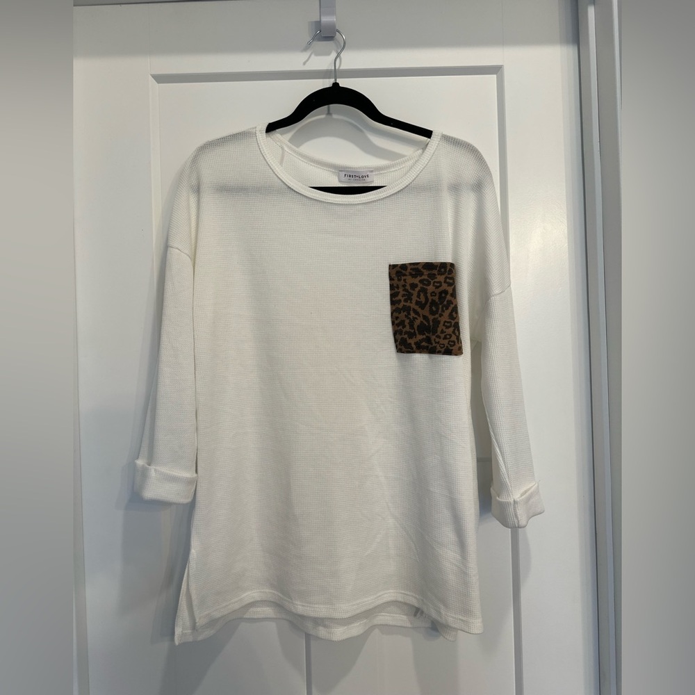 First Love White Top with Leopard Pocket